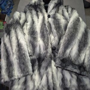 Black & White Striped Faux Fur Coat